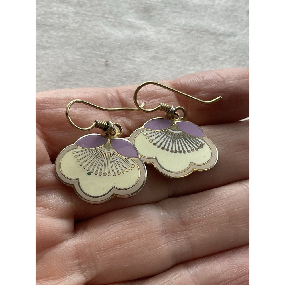vintage Laurel Burch "Plum Blossom" enamel dangle earrings Estate Jewelry - Picture 2 of 5